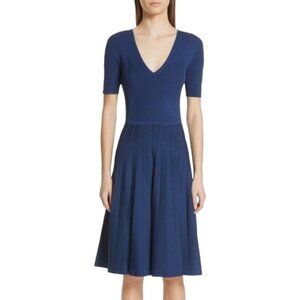 Jason Wu Womens Blue Rib Knit Fit Flare Vneck Short Sleeve Midi Dress Size Large